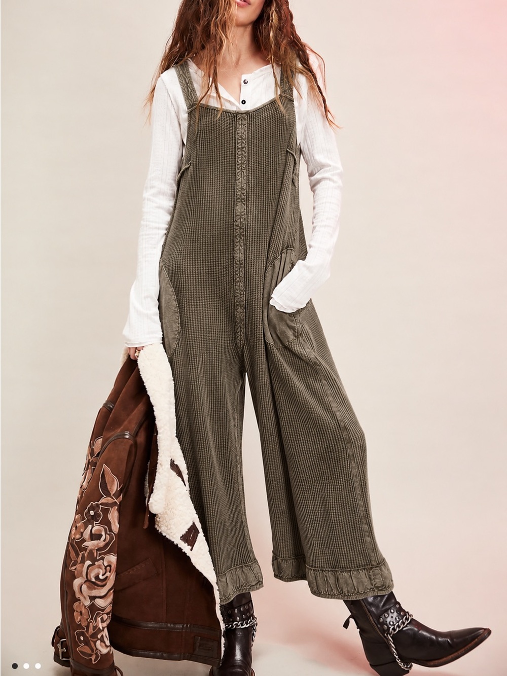 Free People Olive Wide-Leg Corduroy Jumpsuit